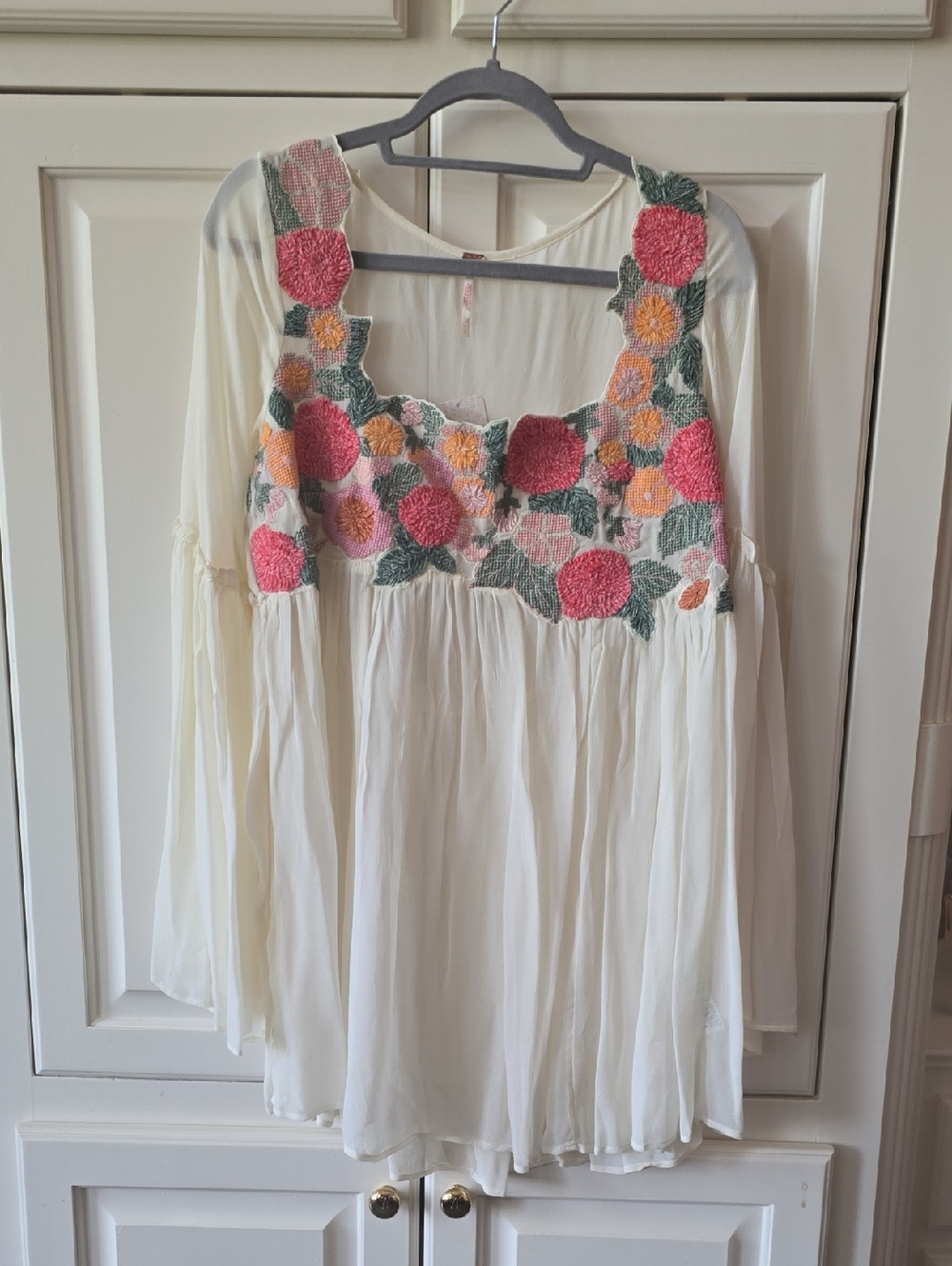 Free People Cream Tunic with Pink and Orange Floral Embroidery